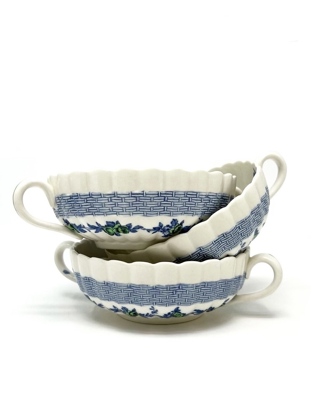 Copeland Spode Blue Belle Set of 3 Double Handle Cream Soup Bowl Antique Vintage